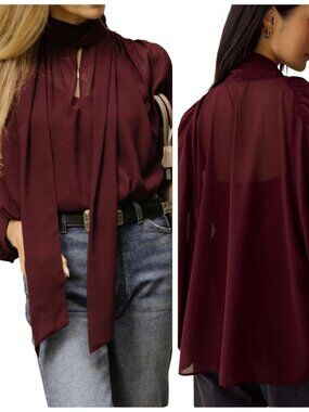 Few Moda x Hannah Chody Megan Sheer Tie Neck Blouse Burgundy S